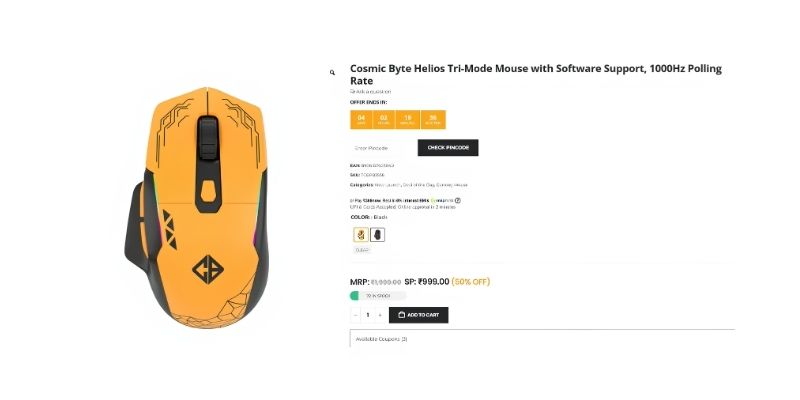 The specific price of the Cosmic Byte Helios mouse and its listing on Amazon.